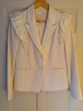 Rebecca Taylor Cream Ruffle-Trim Tailored Blazer